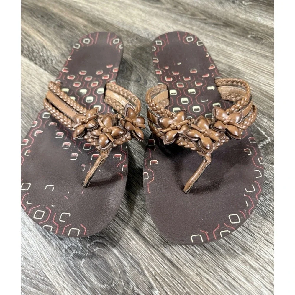 Clarks Brown Braided Floral Thong Flip Flop Sandals Womens 10M Beach Grandmacore